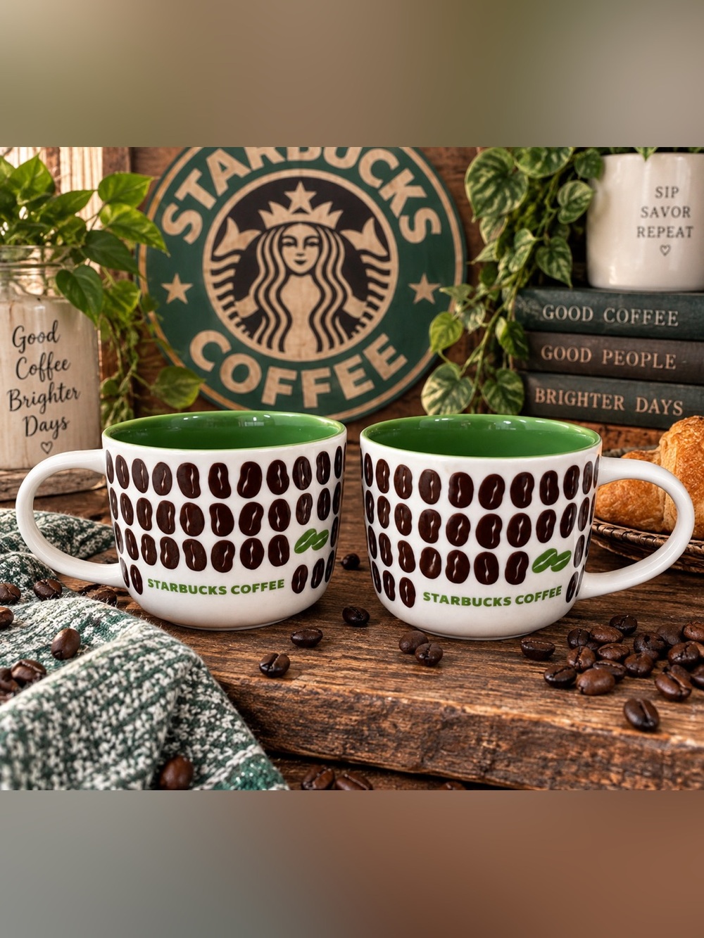 Starbucks White Mugs with Green Interior and Brown Coffee Bean Motif (Pair)